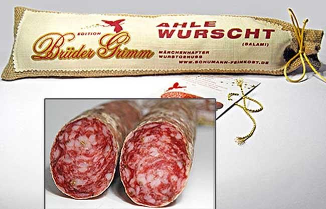 AHLE WURSCHT (SALAMI) MIT FENCHEL IM JUTE-GESCHENKSÄCKCHEN