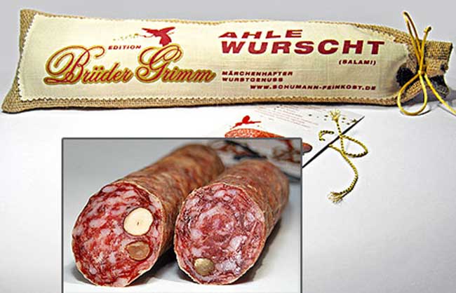 AHLE WURSCHT (SALAMI) MIT NÜSSEN IM JUTE-GESCHENKSÄCKCHEN